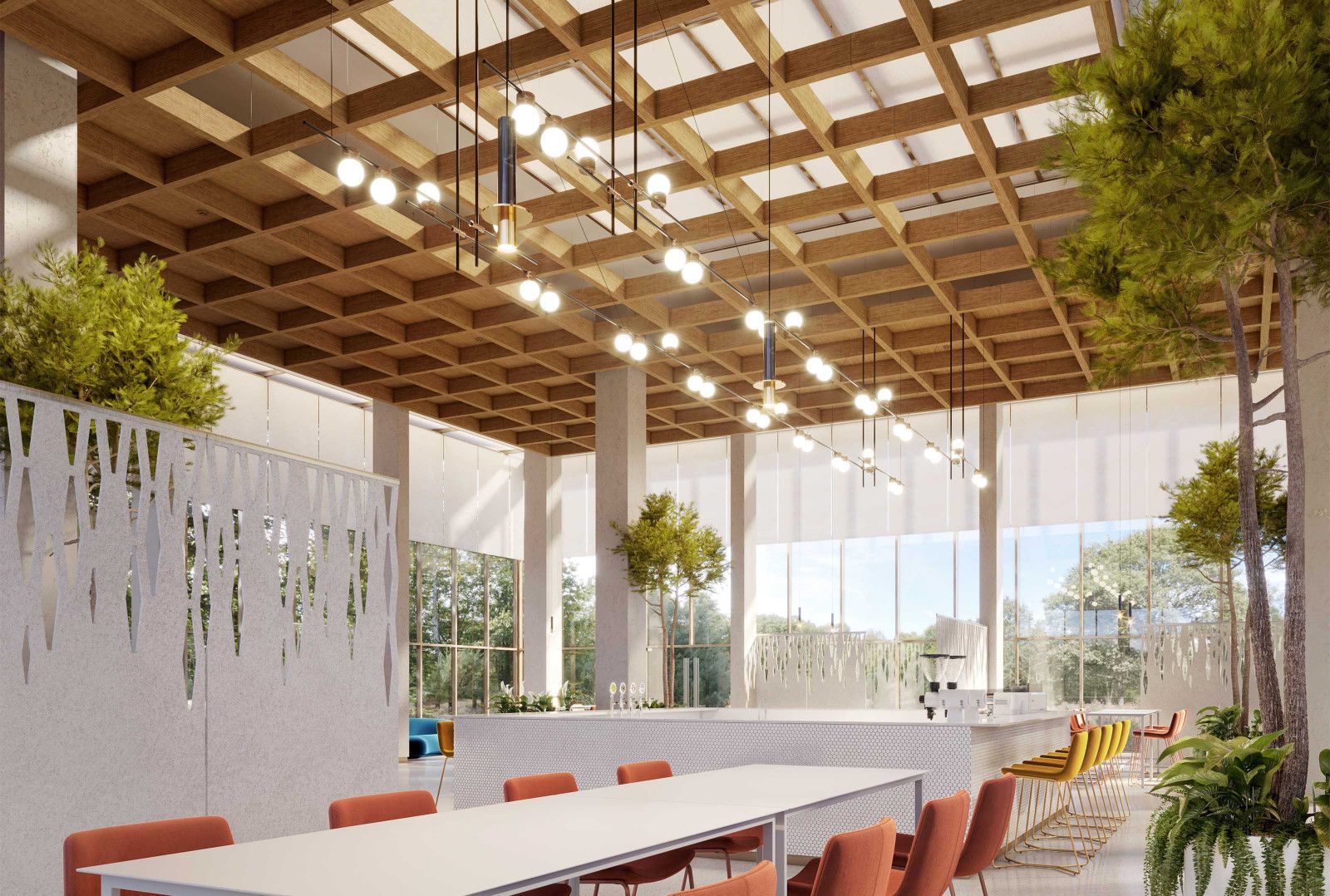 Acoustic gypsum ceiling in an office meeting room