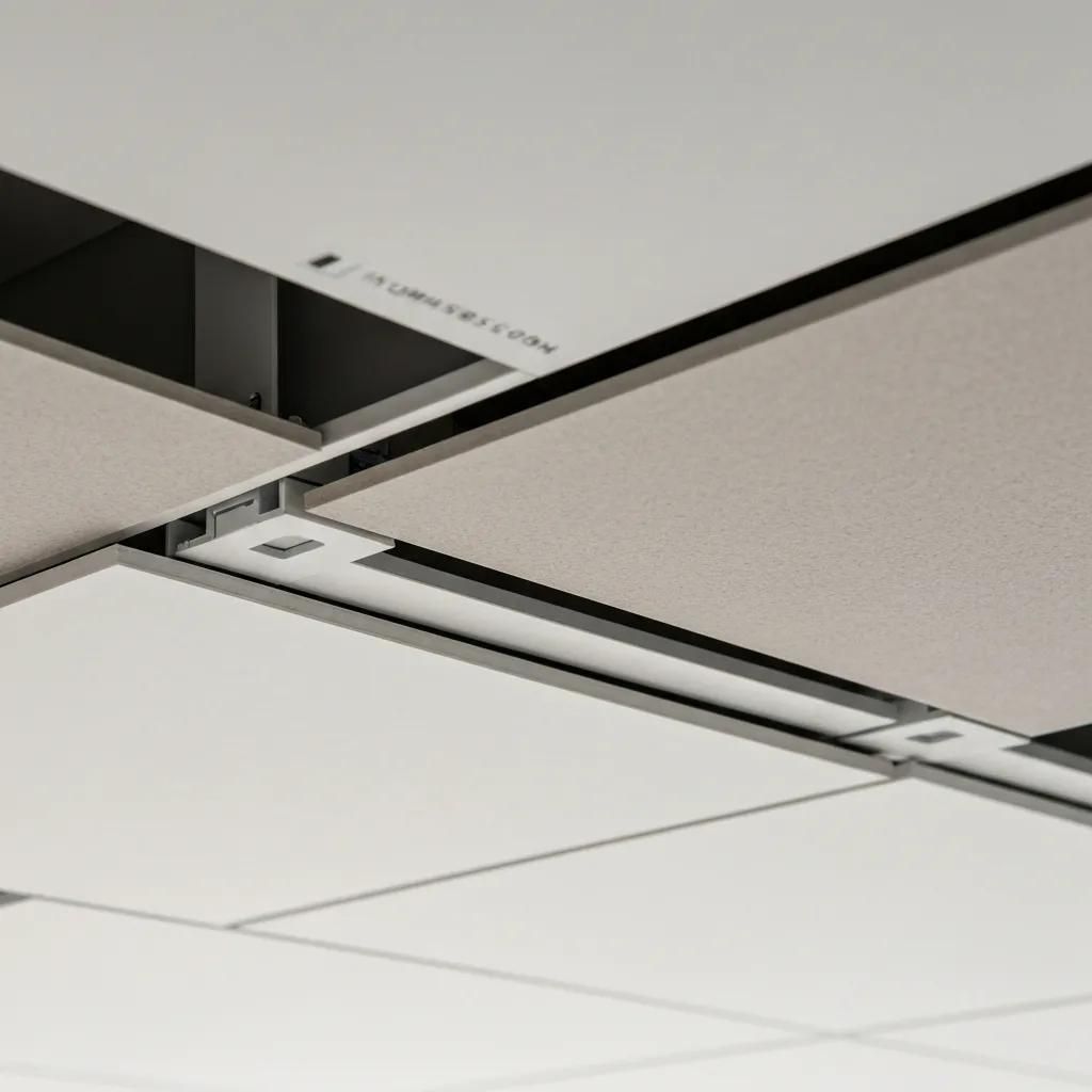 Installer fixing gypsum board to a suspended ceiling frame in an Abu Dhabi office